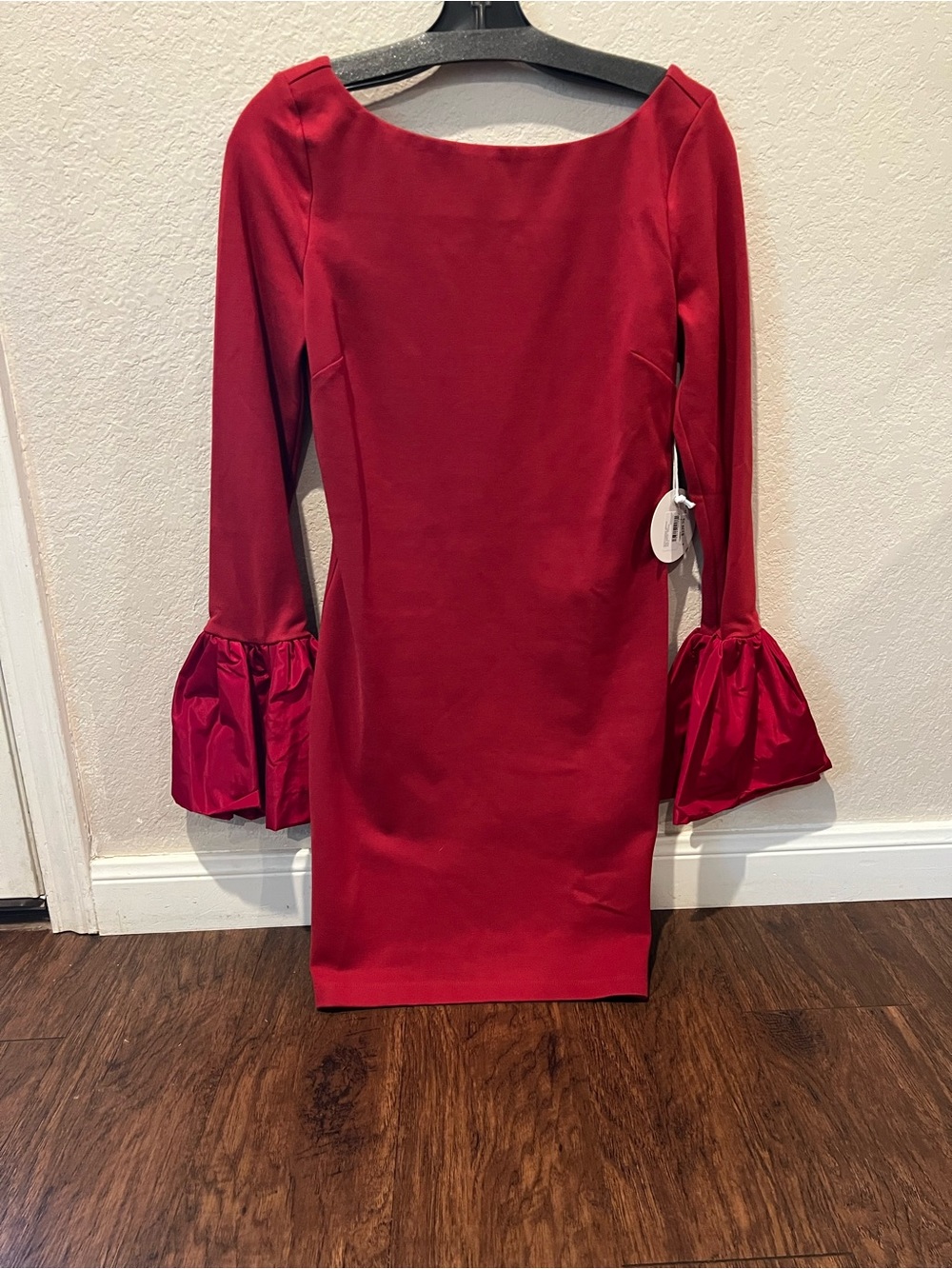 STAUD Red Long-Sleeve Mini Dress with Ruffle Cuffs